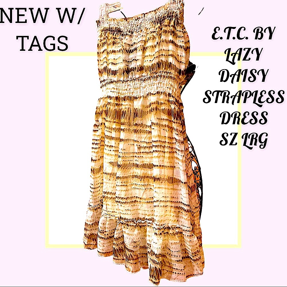 NWT ETC BY LAZY DAISY STRAPLESS LINED SHEER TAN/WHT DRESS, SZ LRG, RUFFLE BOTTOM